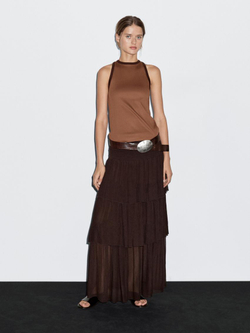 Massimo Dutti Топ из 100% хлопка с горловиной халтер и контрастной отделкой, кофейный