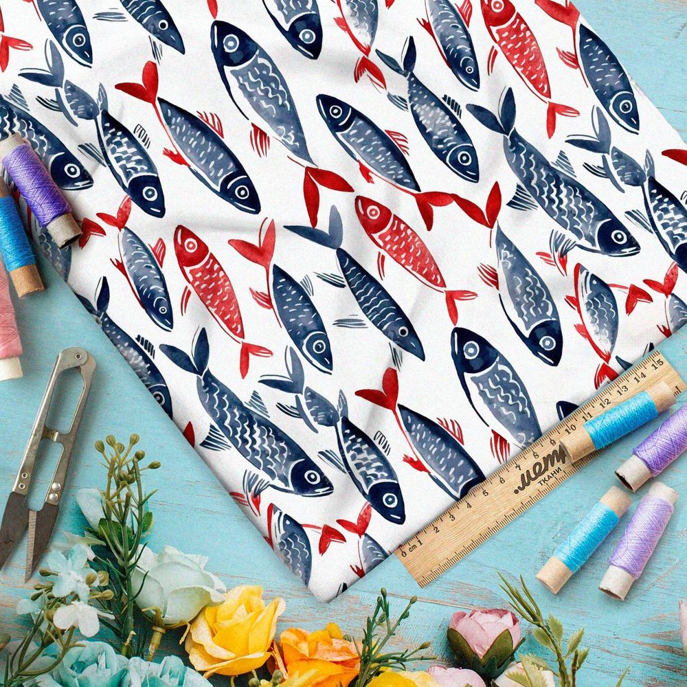 Ткань премиум таффета минималистичные рыбы