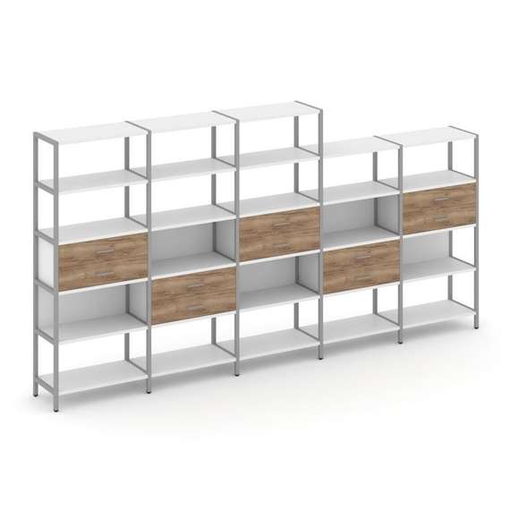 Shelf System Пятисекционный стеллаж пятиярусный с ящиками SN.STM-551 Белый/Дуб Табак/Металл Серый 39