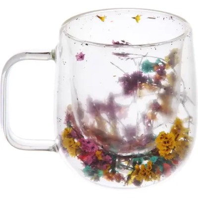 Кружка стеклянная с двойными стенками 250мл «Хай-Тек» с цветами