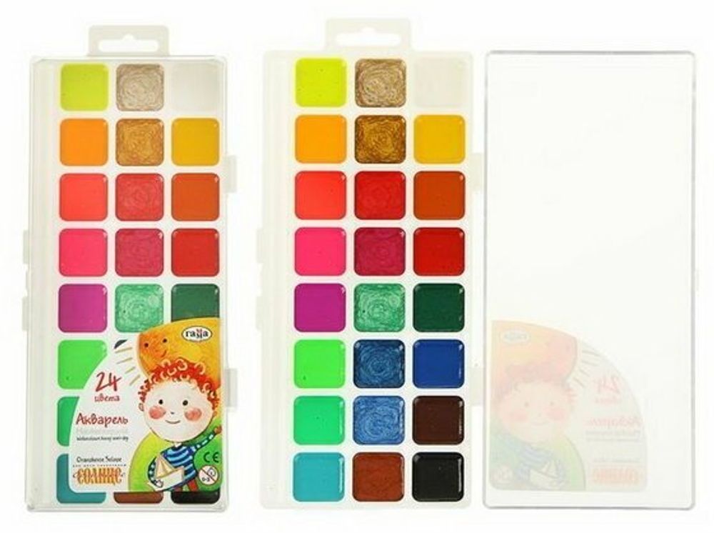 Краски акварельные ГАММА "Оранжевое солнце", 24 цвета, без кисти, пластиковая коробка, европодвес, 212084