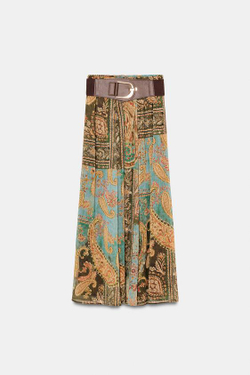 ZARA ЮБКА МИДИ С ПРИНТОМ И ПОЯСОМ, РАЗНОЦВЕТНЫЙ