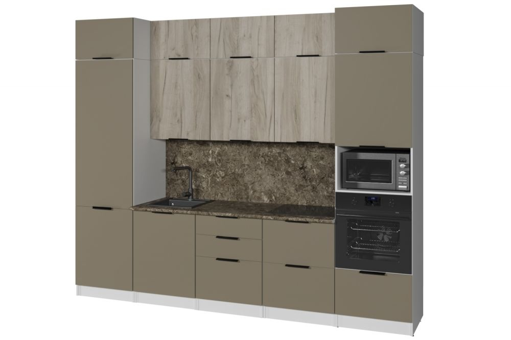 Кухонный гарнитур Альба экстра 3000 мм, каркас ЛДСП, фасад ЛДСП, Белый/Дуб браун/Мокко