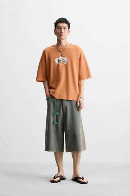 ZARA ТРИКОТАЖНАЯ ФУТБОЛКА С ПРИНТОМ, ОРАНЖЕВЫЙ