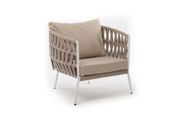 "Диего" кресло плетеное из роупа, каркас алюминий белый муар, роуп бежевый круглый, ткань бежевая 052