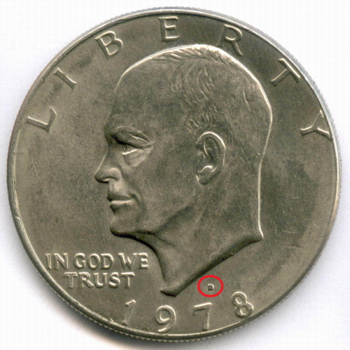 1 доллар 1978 год (D). США. Эйзенхауэр. Медь с медно-никелевым покрытием, диаметр 38.1 мм. AUNC