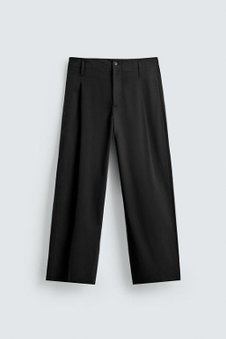 ZARA БРЮКИ СО СКЛАДКАМИ ИЗ ХЛОПКА И ВИСКОЗЫ, ЧЕРНЫЙ