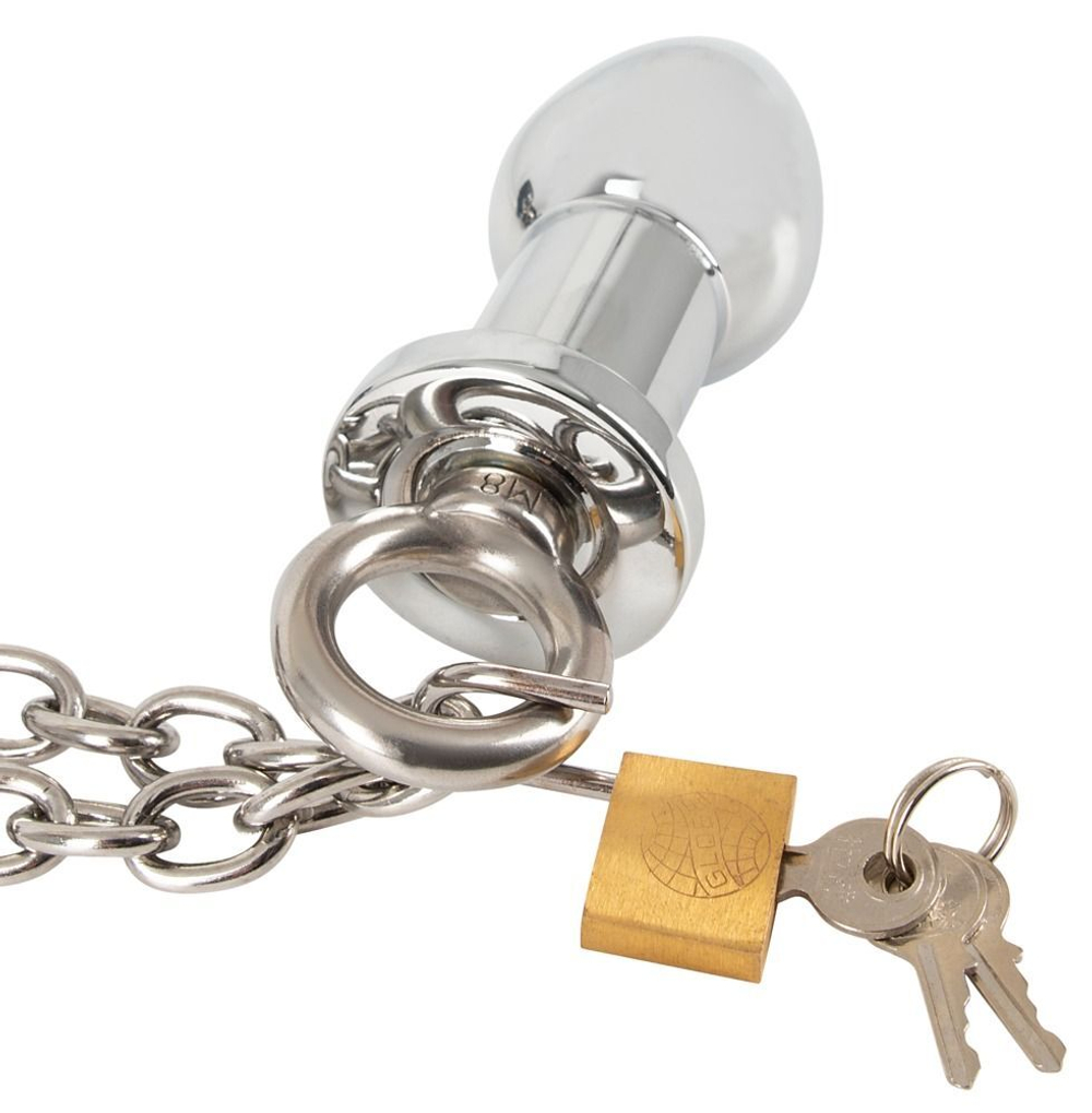 Наручники с анальной пробкой на цепи (Цвет: серебристый с черным)