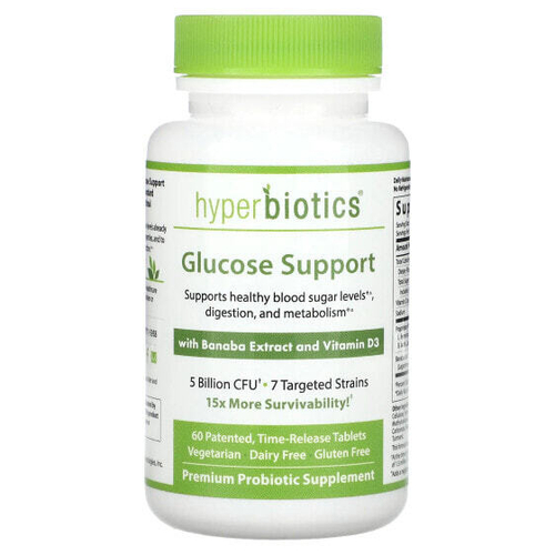 Hyperbiotics, Поддержка уровня глюкозы, с экстрактом банабы и витамином D3, 5 млрд КОЕ, 60 запатентованных таблеток с замедленным высвобождением