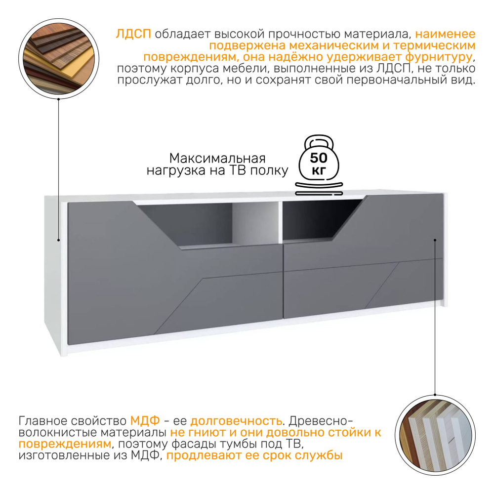 Тумба под ТВ SOFT 150, цвет белый / графит софт