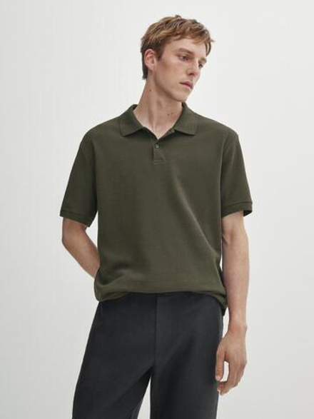 Massimo Dutti Хлопковая футболка-поло с короткими рукавами, хаки