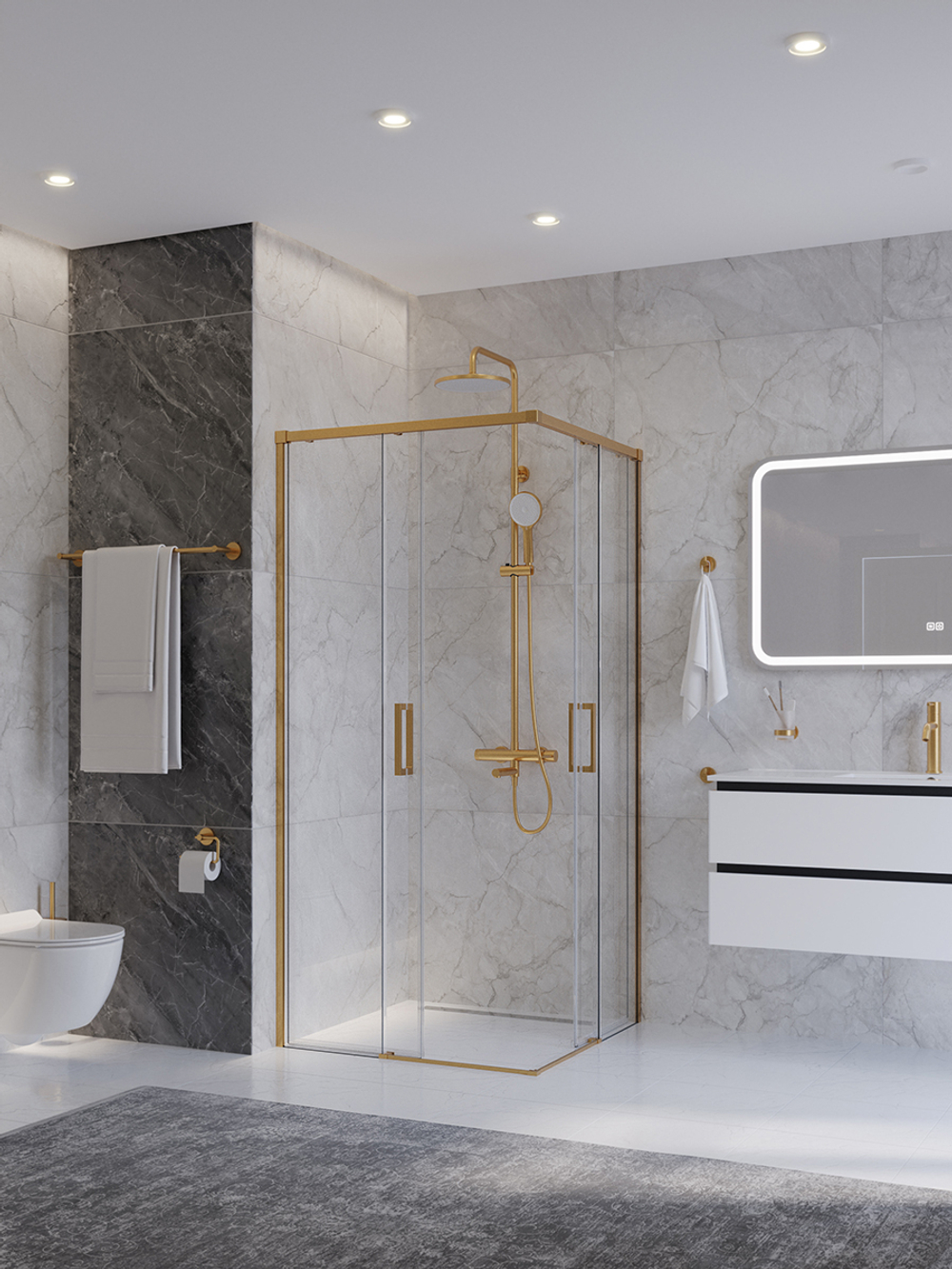 Душевой уголок Cezares PLANE-A-2-100-C-BORO, 100х100х195, профиль брашированное золото, стекло прозрачное