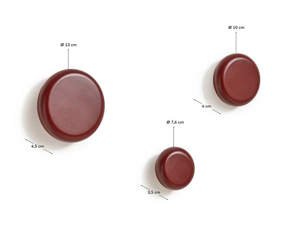 Nadue Набор из 3 настенных крючков из массива бука с темно-бордовой отделкой