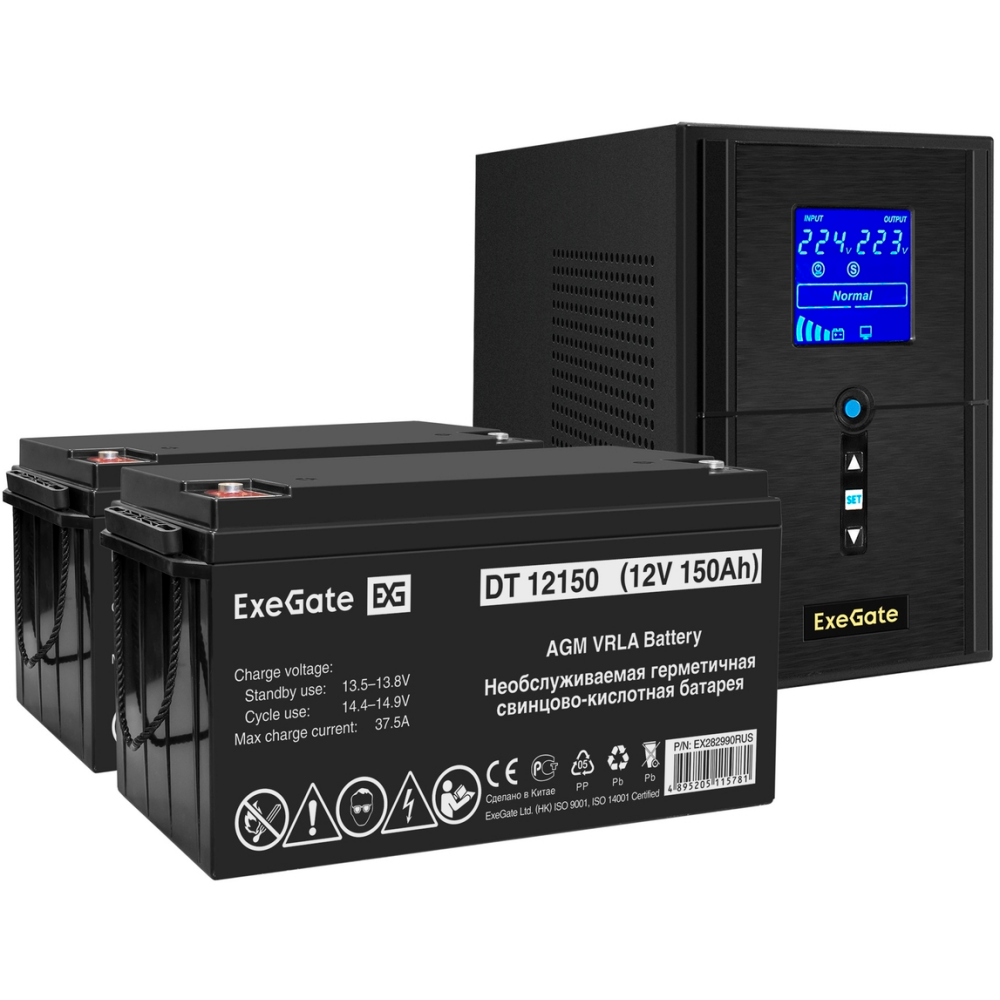 ИБП + батарея ExeGate SineTower SZ-1500.LCD.AVR.2SH.1C13.USB + 2x DT 12150 (150Ач)