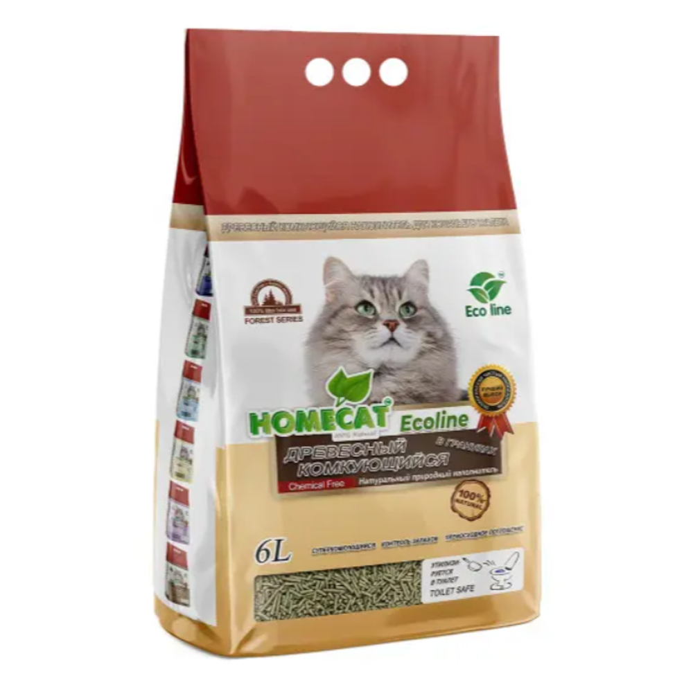 HOMECAT Ecoline древесный комкующийся наполнитель в гранулах - 6 л (2 кг)