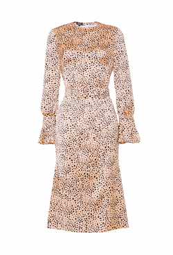 Платье шёлковое, юбка-годе бежевое с черным рисунком 04-02-22 SS