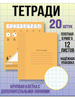 Набор тетрадей в крупную клетку 8х8 мм, 12 л, оранжевая обложка, 20 шт