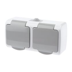 Розетка Intro Atlantic 5-204-03 двойная с заземлением 2х2P+E Schuko шторки, 16А-250В, IP54, открытой установки, серый | Intro