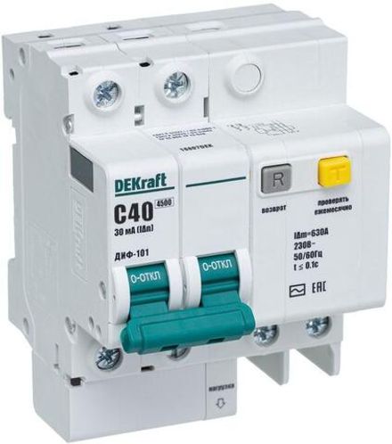 Выключатель автоматический дифференциального тока 2п C 40А 30мА тип AC 4.5кА ДИФ-101 6мод. DEKraft 15007DEK
