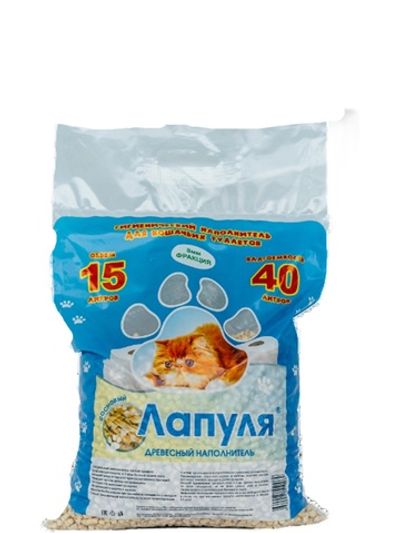 Наполнитель ЛАПУЛЯ для кошачьего туалета древесный 15л (гранулы 8 мм) влагопоглащение до 40л.