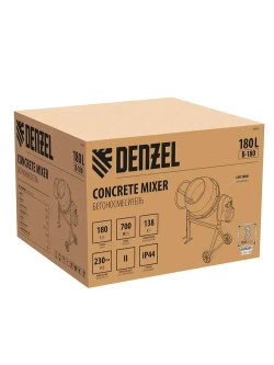 Бетономешалка строительная DENZEL B-180, 180 л объем бака и 700 Вт мощность, чугунный венец и разъемный узел оси барабана, термозащита и кнопка аварийного выключения, бетоносмеситель 95423