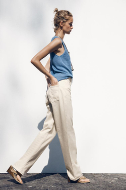 ZARA ДЖИНСЫ Z1975 STRAIGHT-LEG FULL LENGTH В ПОЛОСКУ С ВЫСОКОЙ ПОСАДКОЙ, ЭКРЮ