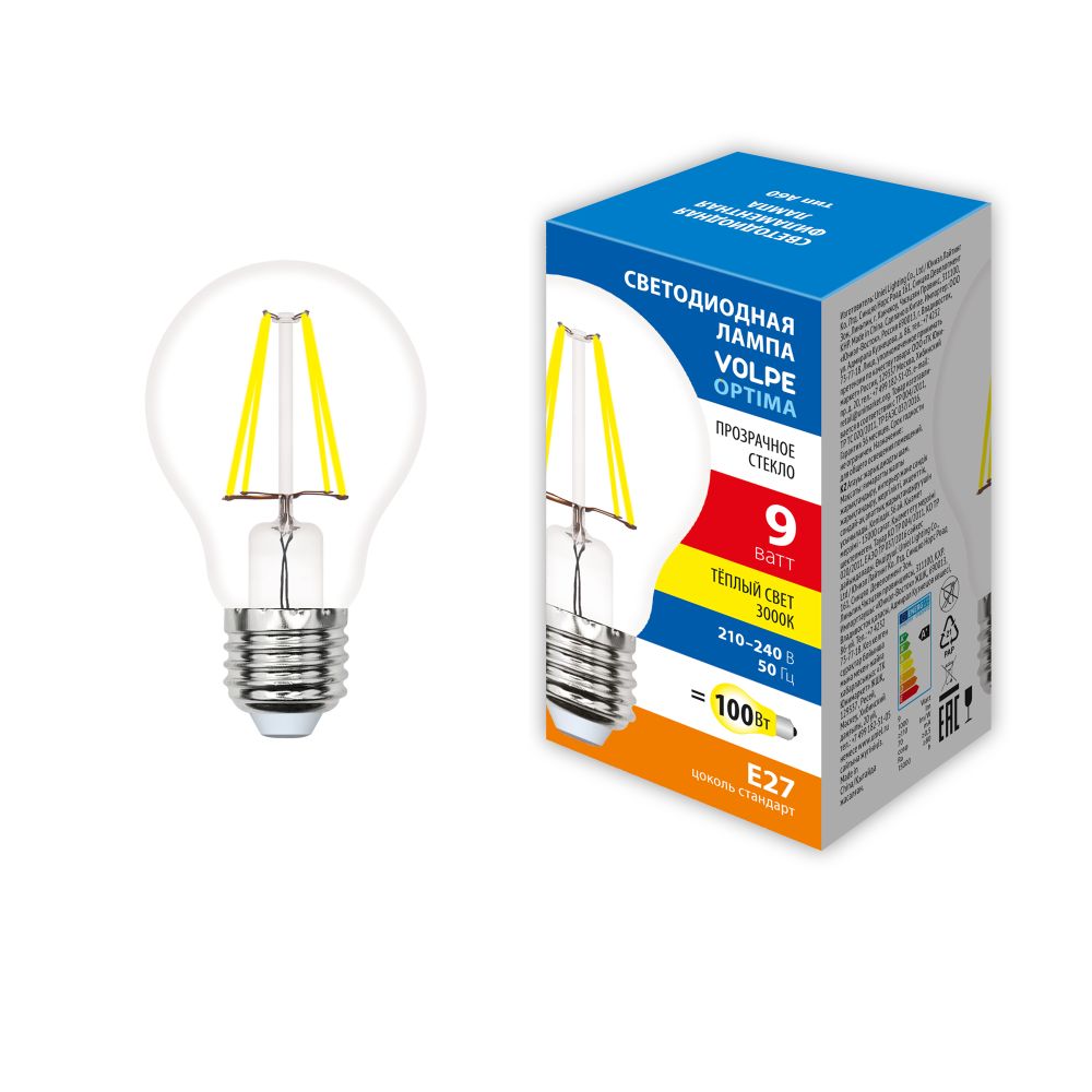 LED-A60-9W-3000K-E27-CL-SLF Лампа светодиодная. Форма A. прозрачная. Теплый белый свет 3000K. ТМ Volpe
