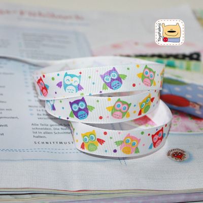 Лента репсовая 15мм Р176 Совы на белом (1 ярд)