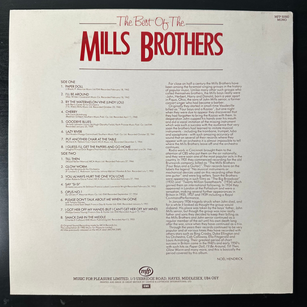 The Mills Brothers ‎– The Best Of The Mills Brothers (Англия 1982г.)