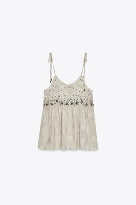 ZARA ЖАККАРДОВЫЙ ТОП НА БРЕТЕЛЯХ — ZW COLLECTION, ЖЕМЧУЖНО-СЕРЫЙ