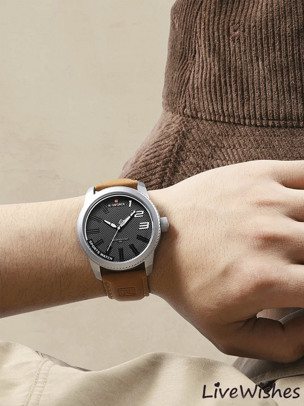 Часы наручные кварцевые NAVIFORCE на кожаном ремешке, серебристый/коричневый W8950-01