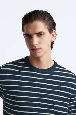 ZARA ФУТБОЛКА ИЗ СМЕСОВОЙ ВИСКОЗЫ, ТЕМНО-СИНИЙ/БЕЛЫЙ