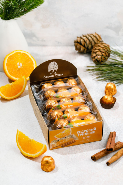 Кедровый грильяж с Апельсином и корицей / шоу-бокс / 400 г / 10 флоу-паков / ТМ Сибирский кедр