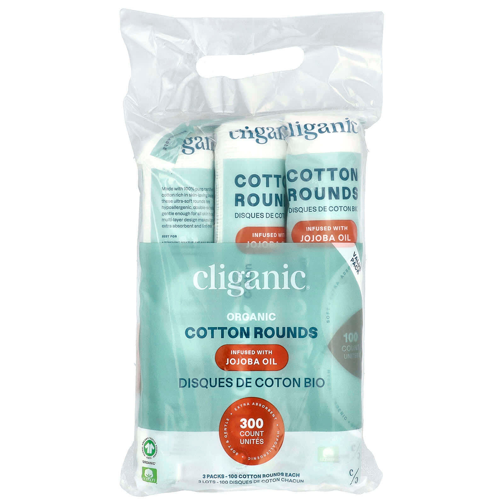 Cliganic, Круглые упаковки из органического хлопка с маслом жожоба, 3 упаковки (100 шт.)