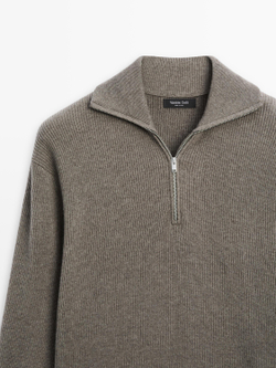 Massimo Dutti Вязаный свитер с воротником-стойкой на молнии, светлый хаки