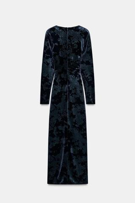 ZARA БАРХАТНОЕ ПЛАТЬЕ МИДИ С ФУРНИТУРОЙ, СИНИЙ