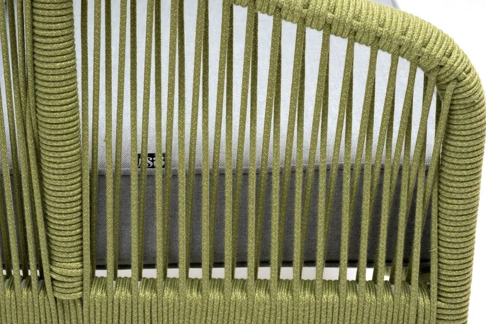 "Канны" кресло плетеное из роупа, каркас алюминий светло-серый (RAL7035) муар, роуп салатовый меланж круглый, ткань светло-серая