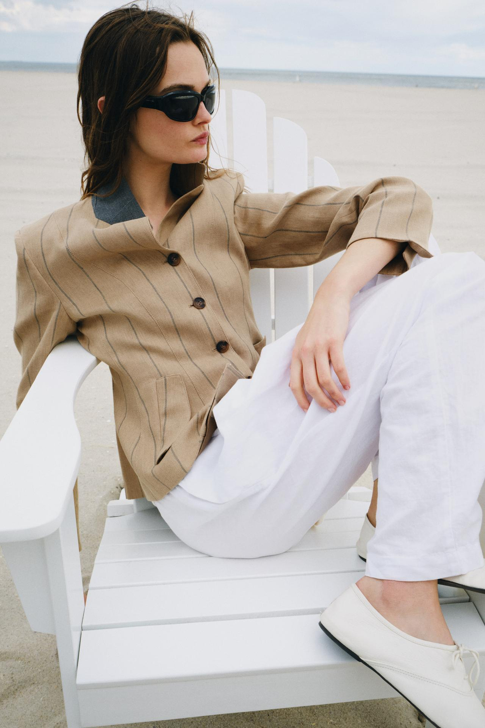 ZARA БЛЕЙЗЕР В ПОЛОСКУ ИЗ СМЕСОВОГО ЛЬНА — ZW COLLECTION, МЯГКИЙ КАШТАНОВЫЙ