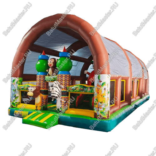 Надувной батут «Зверята с крышей 3» со скалодромом, с коричневый, 14х7х6 м
