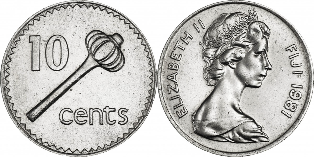 Фиджи 10 центов, 1969 - 1985 Булава XF
