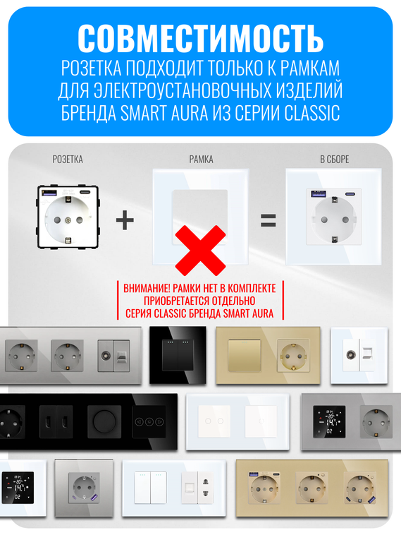 Розетка с зарядным устройством USB и Type-C Smart Aura серия Classic без рамки
