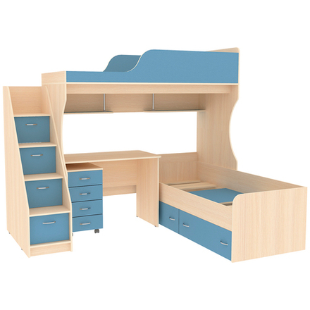 Двухъярусная кровать КарИВи Дуэт-5 с лестницей Комод КарИВиом  Дуб Молочный Светло-синий, голубой