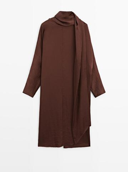 Massimo Dutti Струящееся платье миди с длинными рукавами - STUDIO, красновато-коричневый
