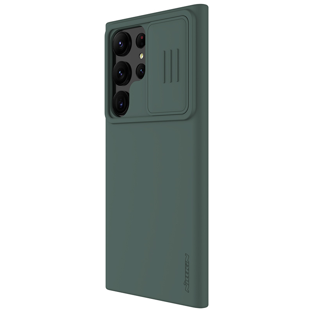 Чехол шелковистый зеленого цвета от Nillkin для Samsung Galaxy S23 Ultra, серия CamShield Silky Silicone с защитной шторкой для камеры