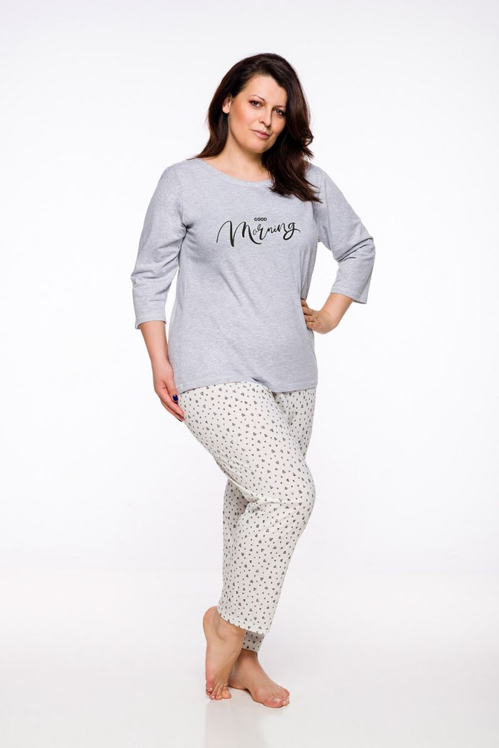 Уютная хлопковая пижама Agnieszka с сердечками на брючках (Размер: 5X) (Цвет: серый с бежевым)