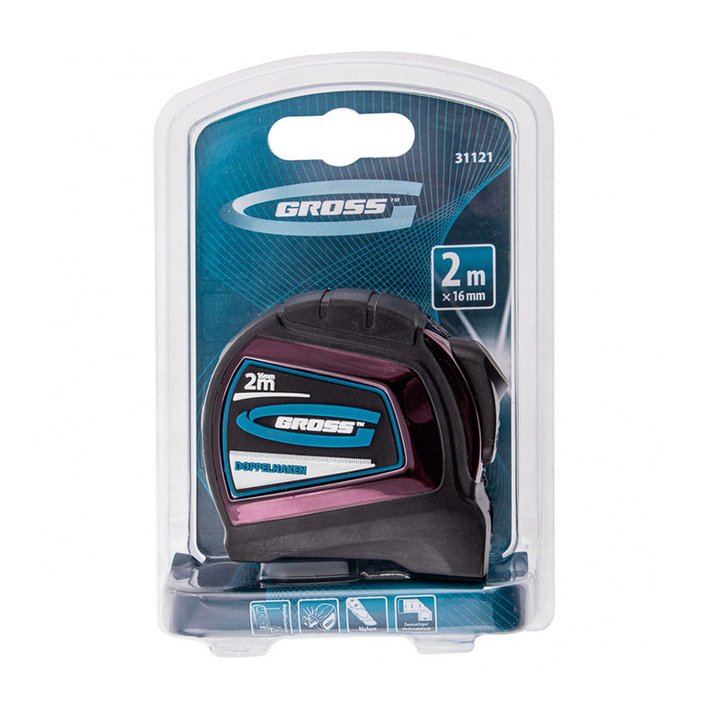 Рулетка Gross Doppelhaken, двухсторонняя шкала, с автостопом, обрезиненная, 2 м x 16 мм