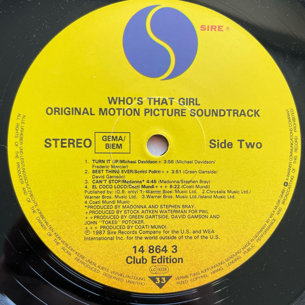 Винтажная виниловая пластинка LP Madonna, Who's That Girl, Музыка Из Кинофильма Кто Эта Девчонка? (Motion Picture Soundtrack) (Германия 1987) Club Edition