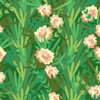 Зеленый цветочный принт с желто-розовыми цветами