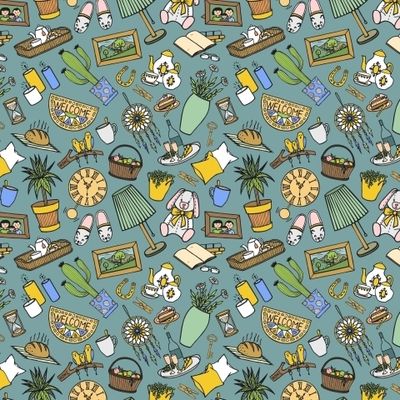 ПРЕДМЕТЫ УЮТНОГО ИНТЕРЬЕРА НА МЯТНОМ ФОНЕ