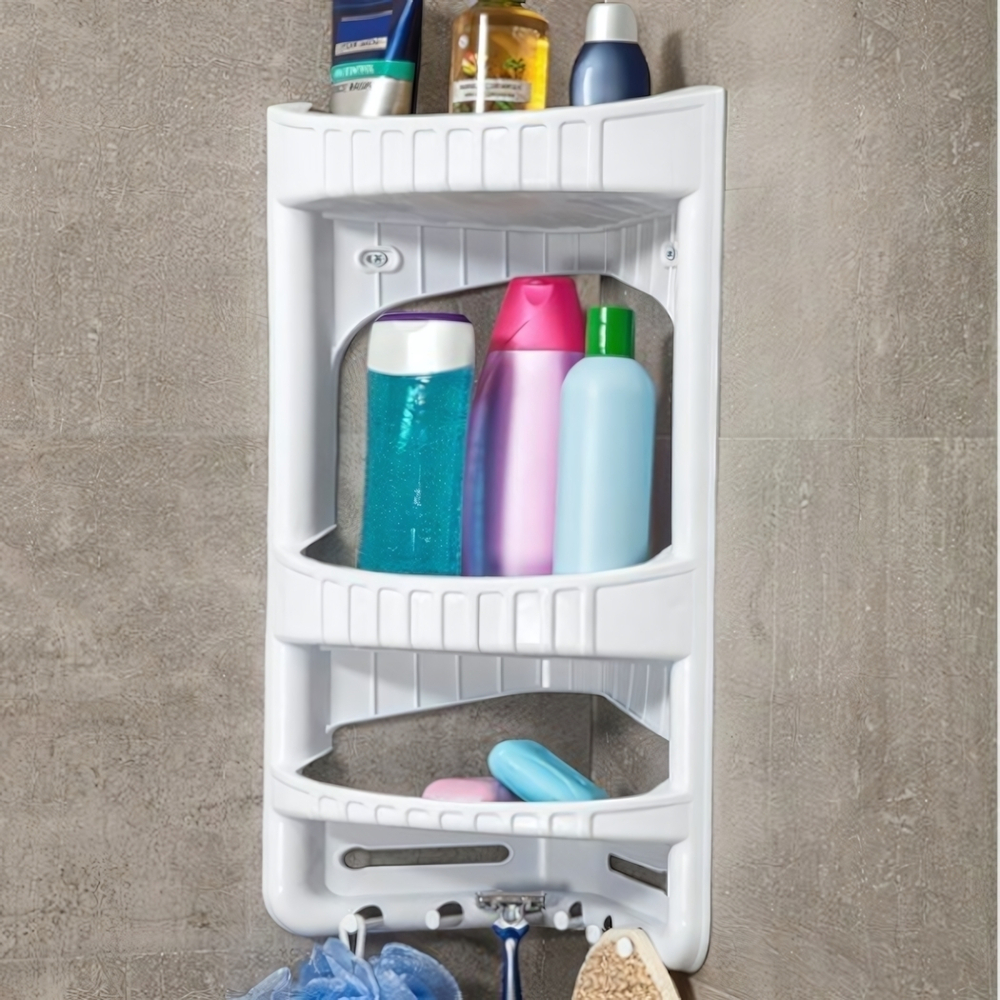 Полка для ванной угловая навесная, 3 полки + крючки цвет белый